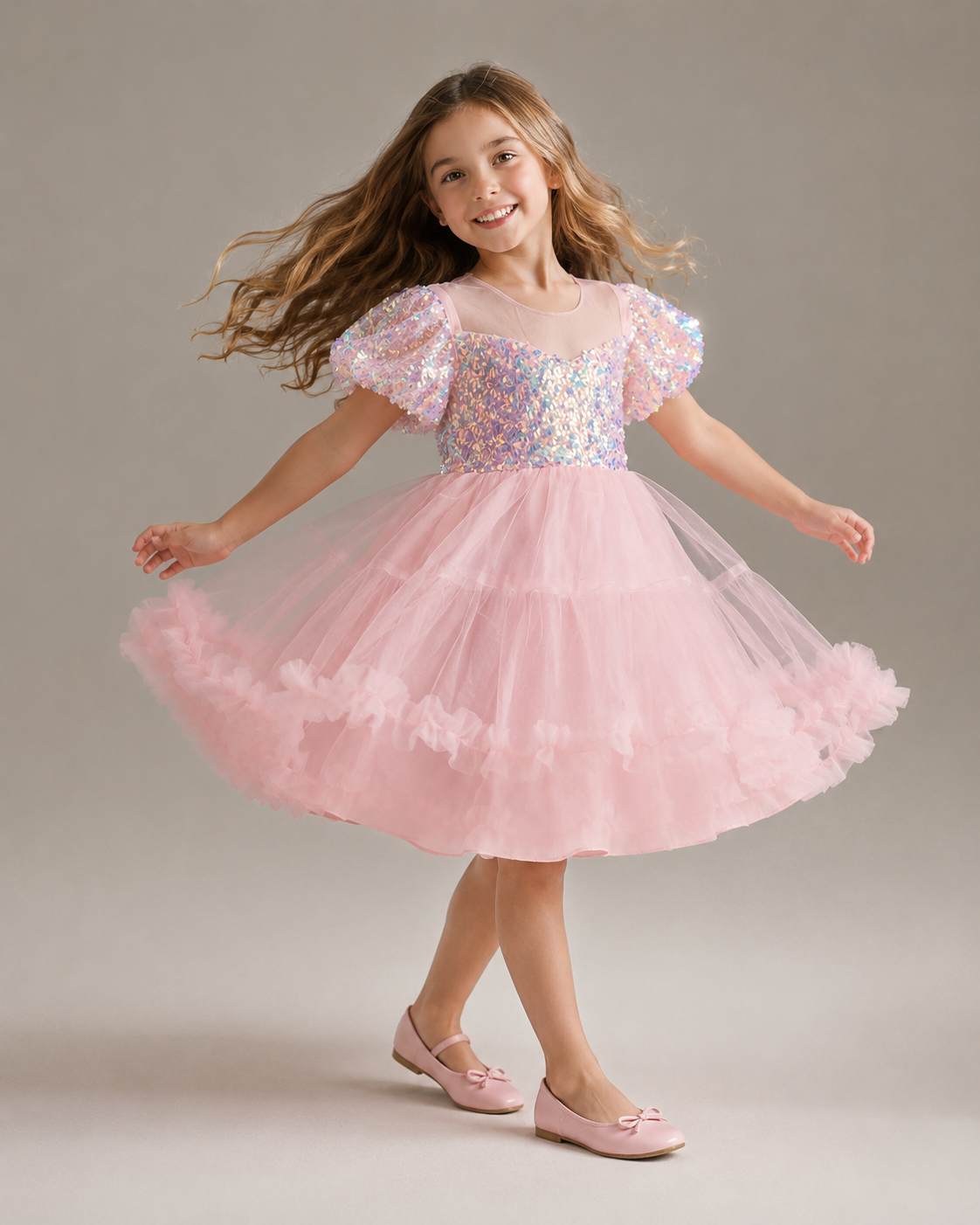 Shimmering Pearl Pink Sequin Tulle Dress