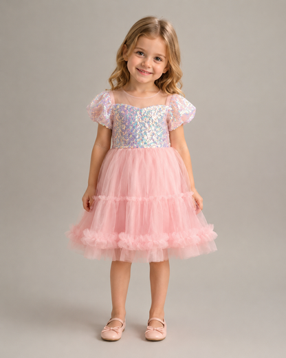 Shimmering Pearl Pink Sequin Tulle Dress