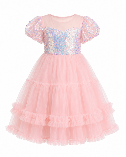 Shimmering Pearl Pink Sequin Tulle Dress