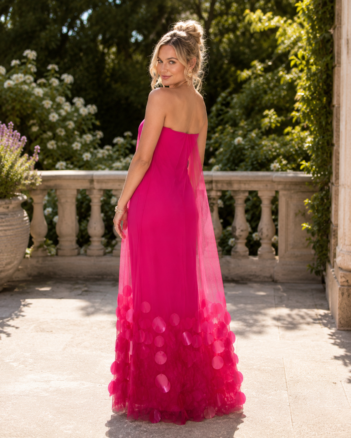 Ethereal Magenta Tulle Strapless Maxi Dress.