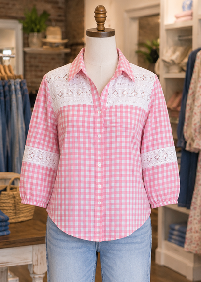 Sweet Magnolia Gingham Lace Blouse