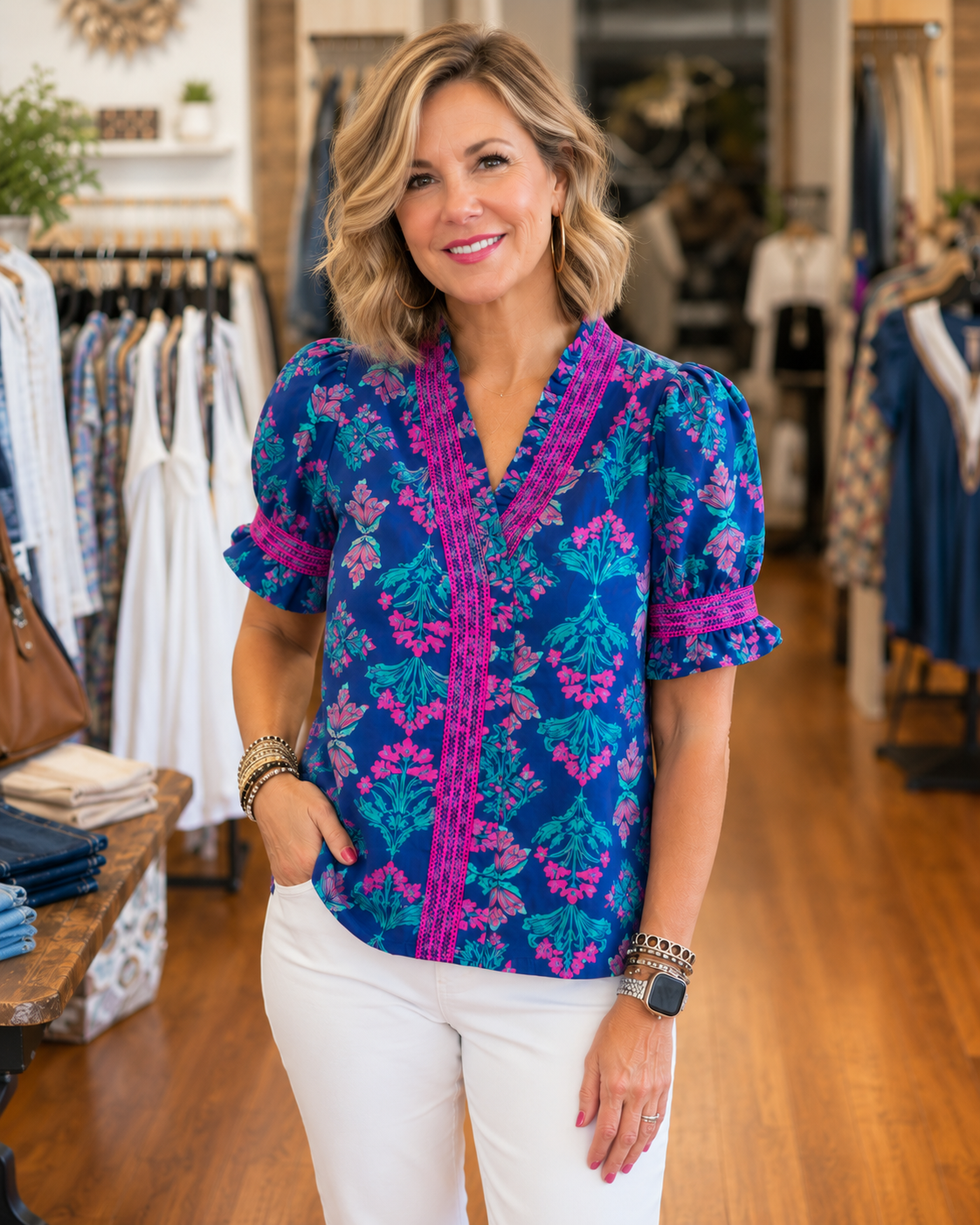 Sapphire Bloom Puff-Sleeve Blouse