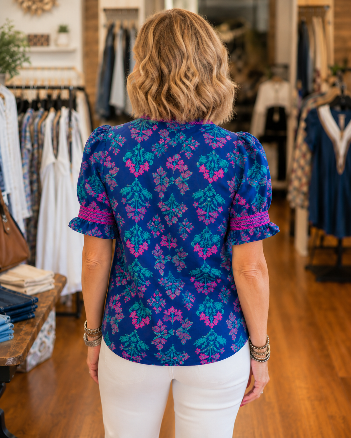 Sapphire Bloom Puff-Sleeve Blouse