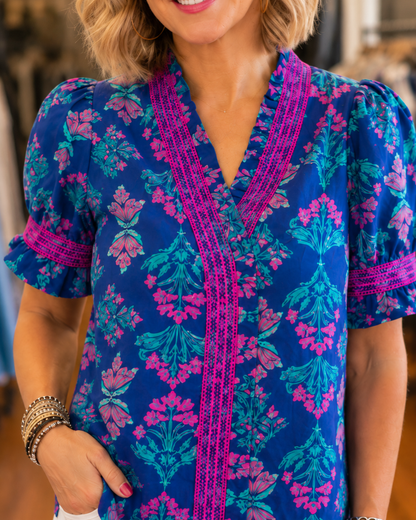 Sapphire Bloom Puff-Sleeve Blouse