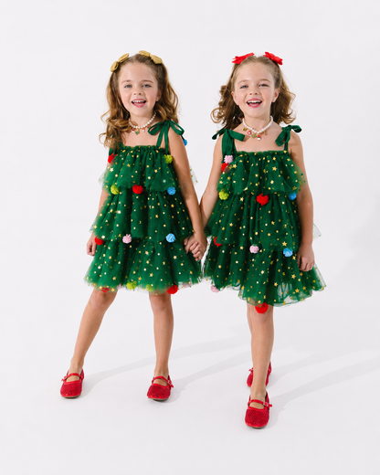 Girls’ Christmas Tree Star Tulle Dress with Colorful Pom-Poms