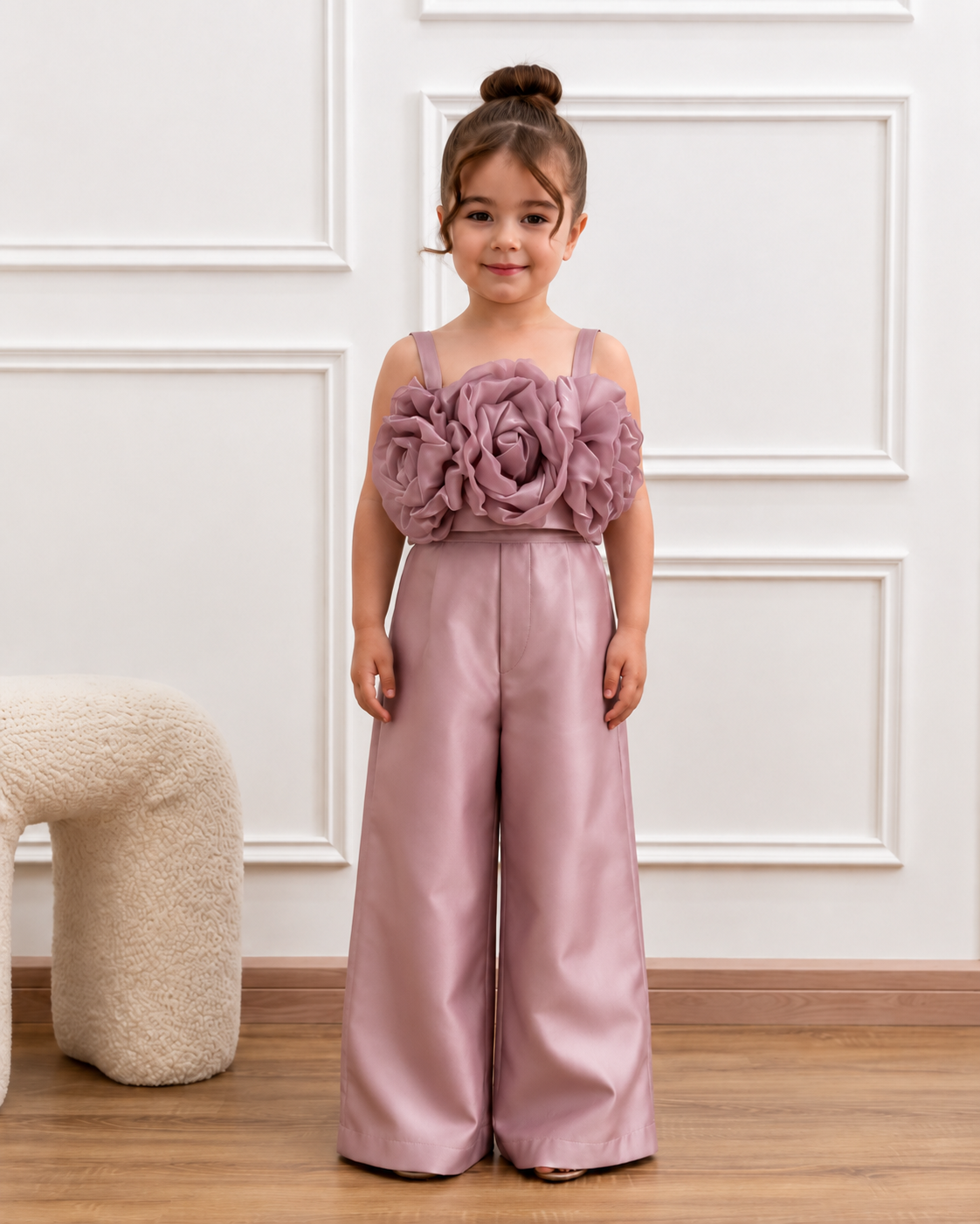 Girls' 3D Floral Wide-Leg Jumpsuit – Elegant Party & Wedding Outfit