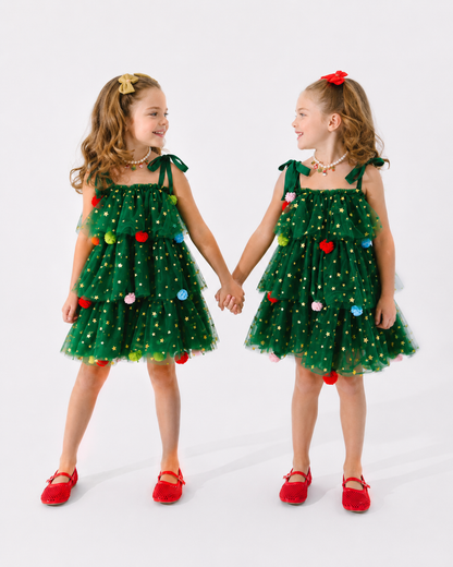 Girls’ Christmas Tree Star Tulle Dress with Colorful Pom-Poms