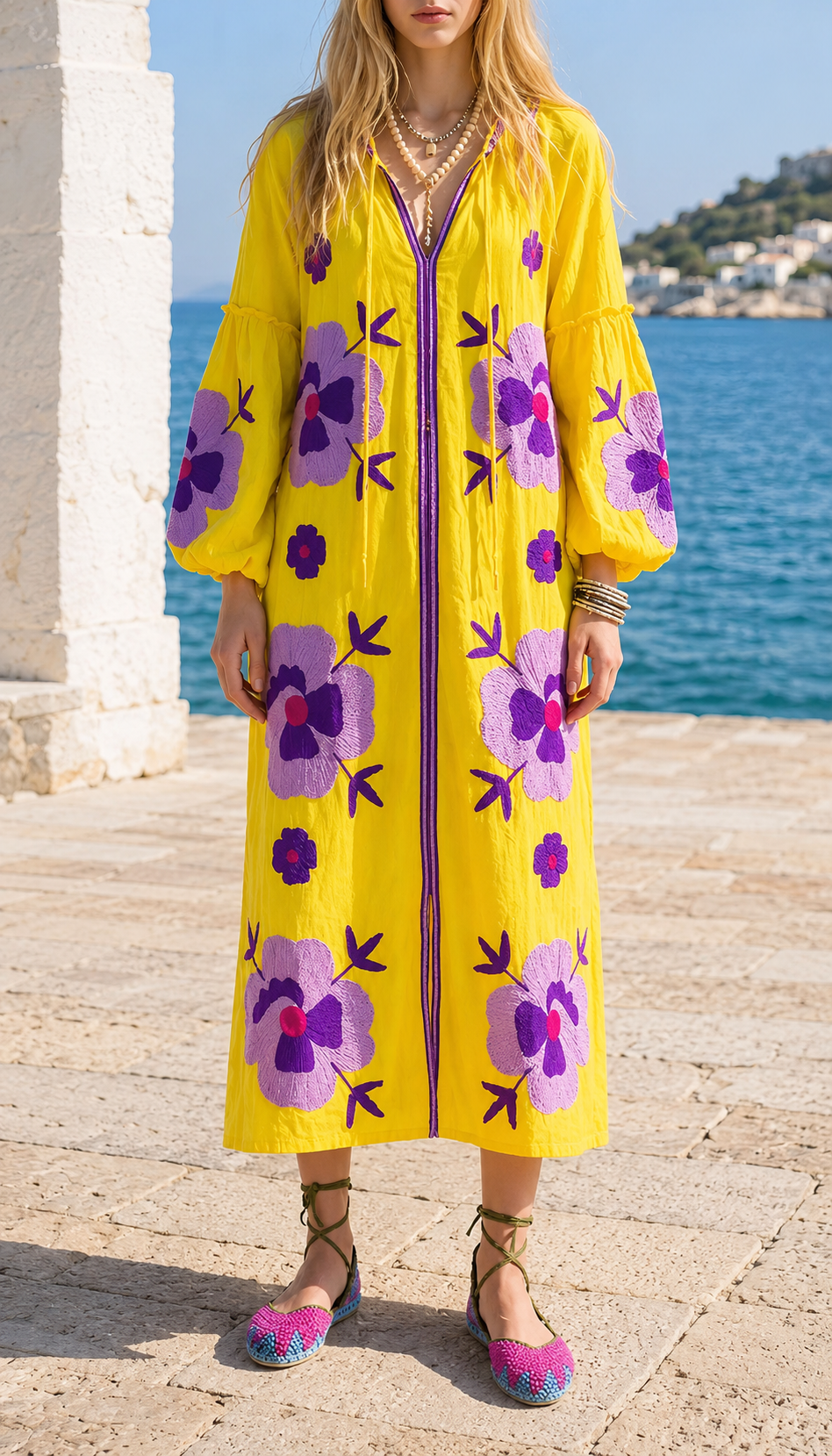 Women's Colorful Floral Embroidered Relaxed Maxi Dress