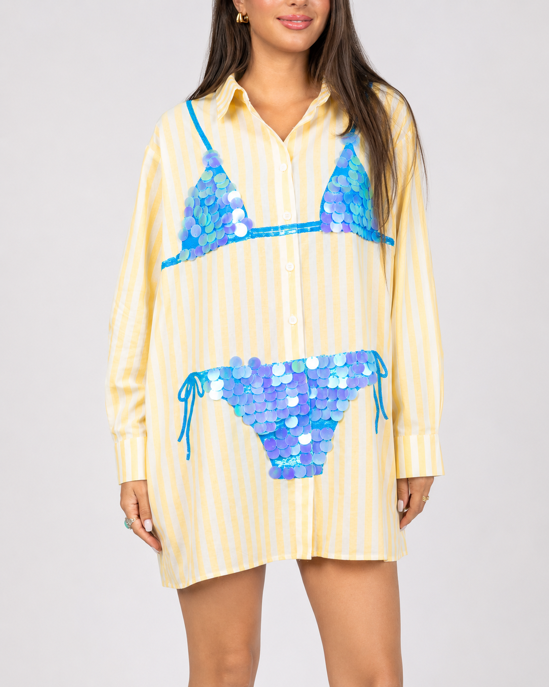 Sequin Bikini Stripe Shirt Dress