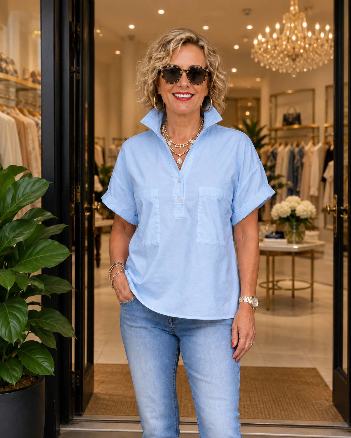 Women’s White Stand Collar Button-Back Relaxed Blouse