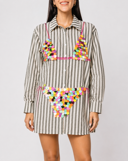 Sequin Bikini Stripe Shirt Dress