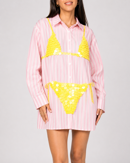 Sequin Bikini Stripe Shirt Dress