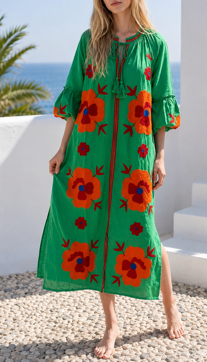 Women's Colorful Floral Embroidered Relaxed Maxi Dress