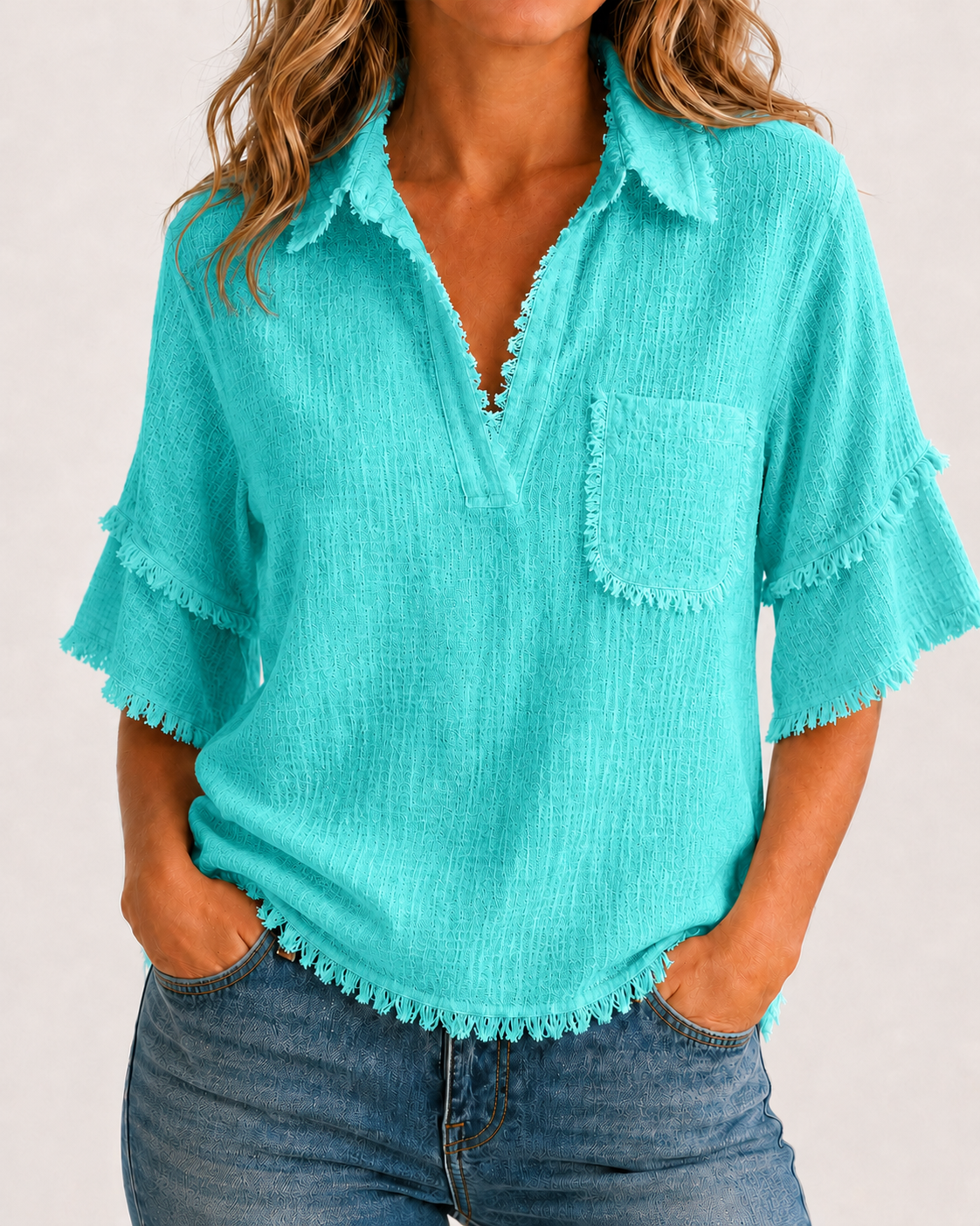 Breezy Raw-Edge Tassel Resort Blouse
