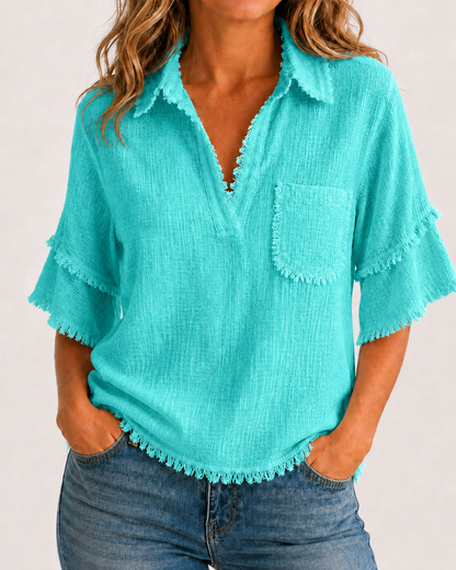 Breezy Raw-Edge Tassel Resort Blouse