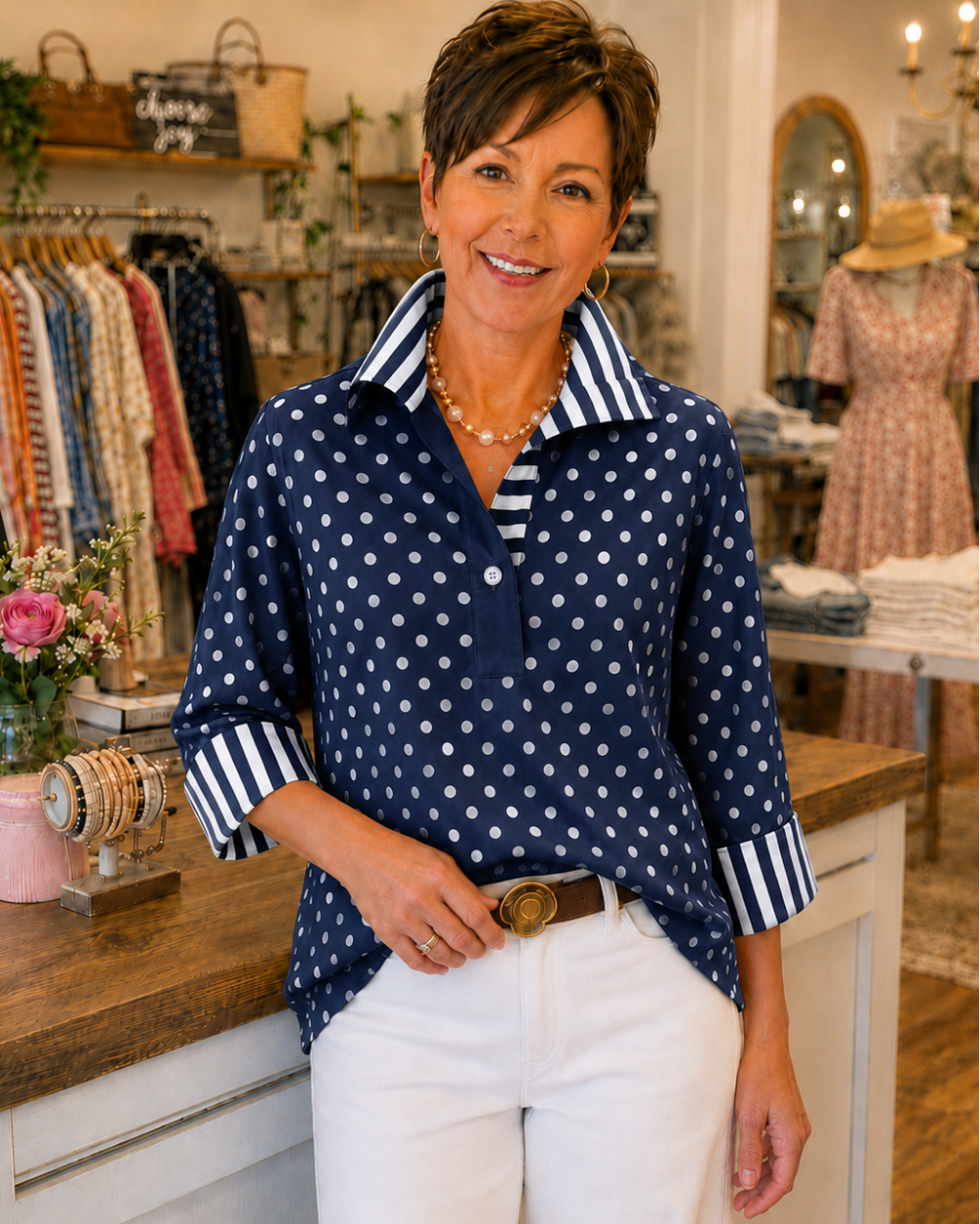Classic Polka Dot Boutique Blouse with Contrast Trim
