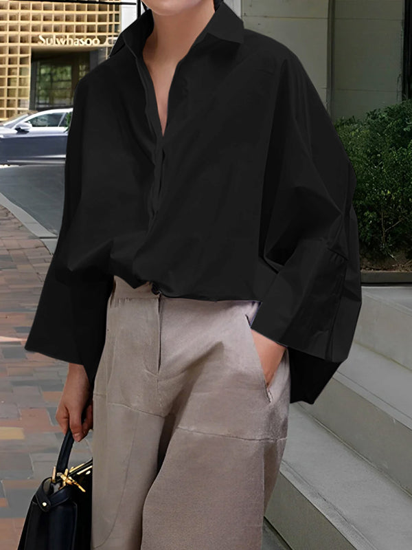 Long-sleeved loose solid color lapel shirt