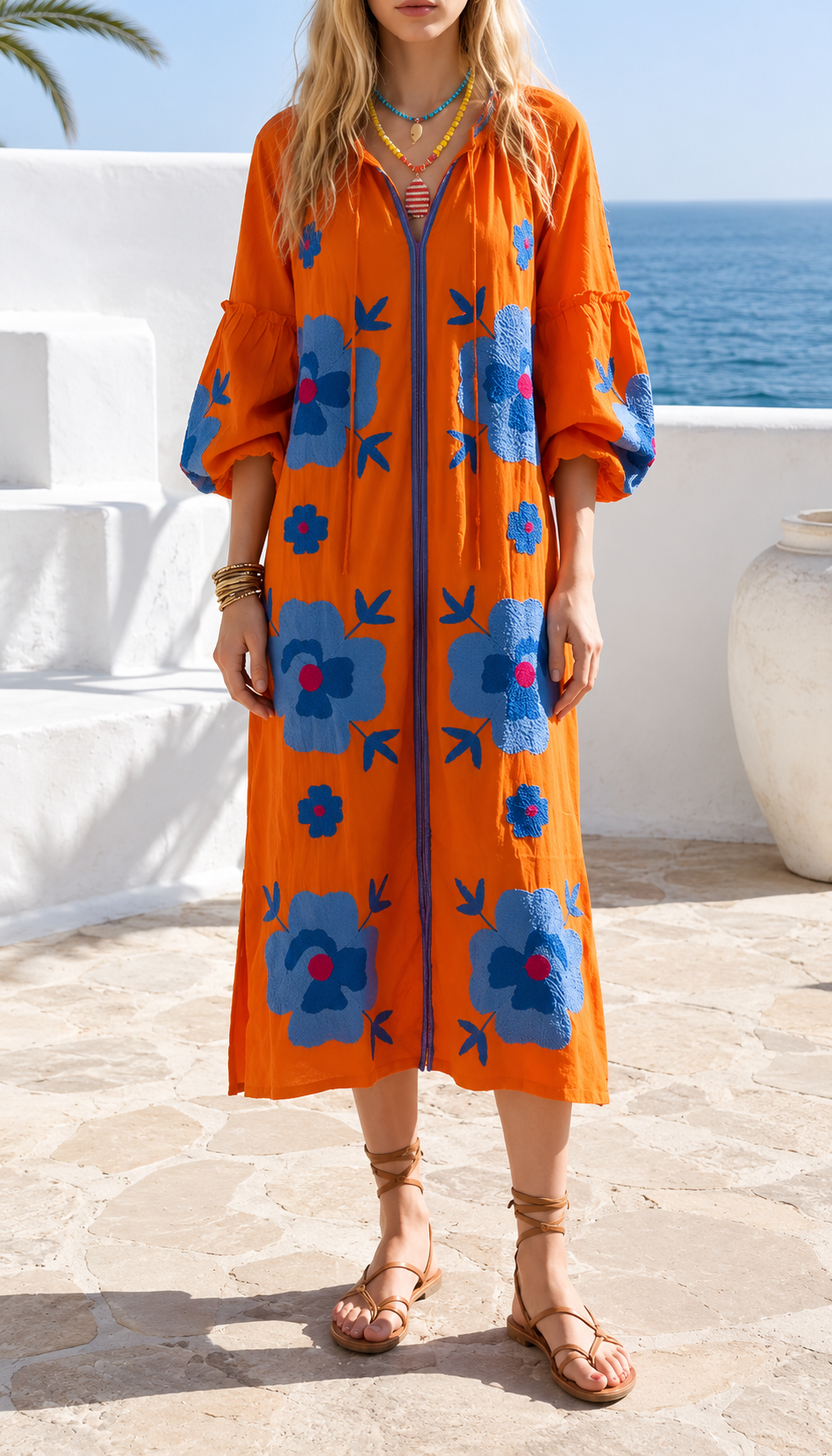 Women's Colorful Floral Embroidered Relaxed Maxi Dress