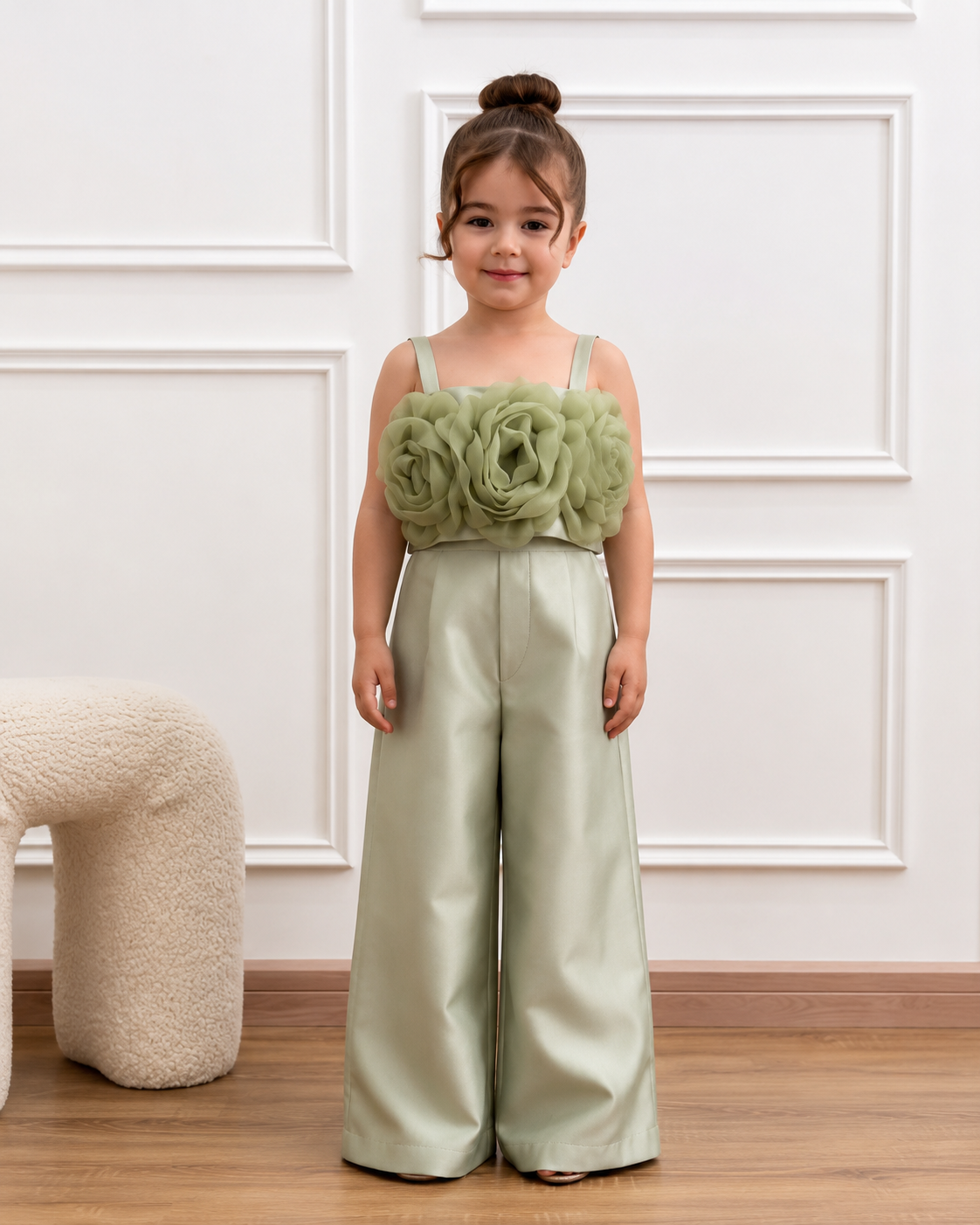 Girls' 3D Floral Wide-Leg Jumpsuit – Elegant Party & Wedding Outfit