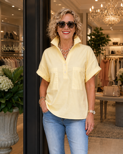Women’s White Stand Collar Button-Back Relaxed Blouse