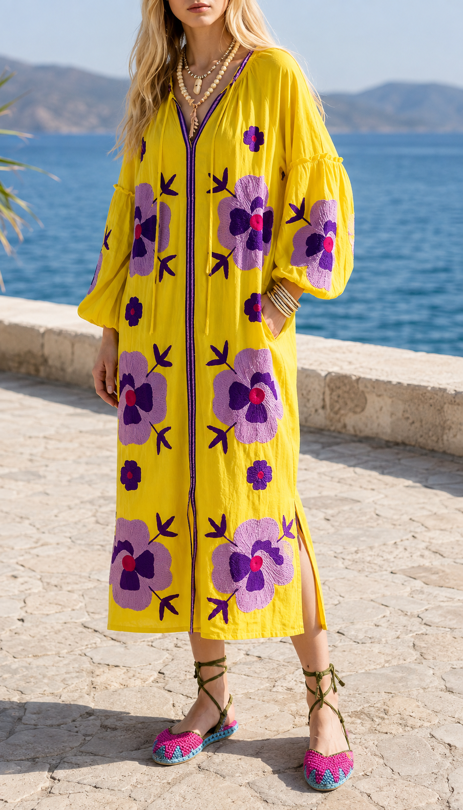 Women's Colorful Floral Embroidered Relaxed Maxi Dress