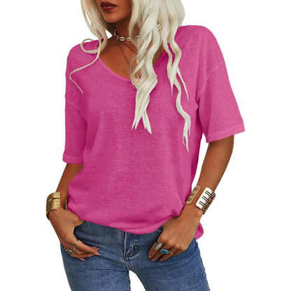 Ladies Solid Color Short Sleeve V-Neck T-Shirt Top