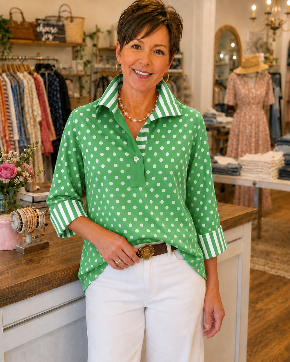 Classic Polka Dot Boutique Blouse with Contrast Trim