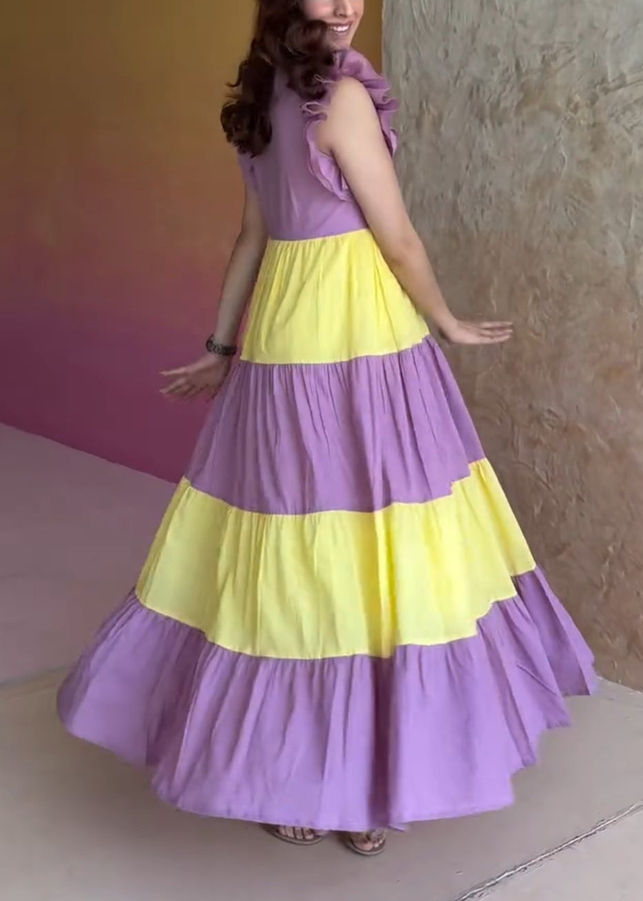 Color-blocked princess dress with ruffled sleeves