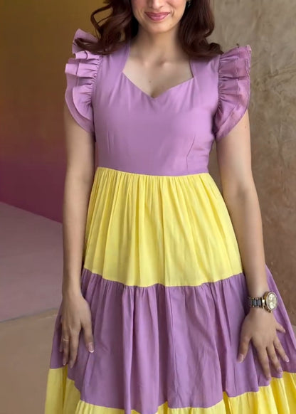 Color-blocked princess dress with ruffled sleeves