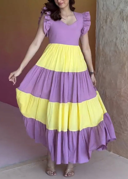 Color-blocked princess dress with ruffled sleeves