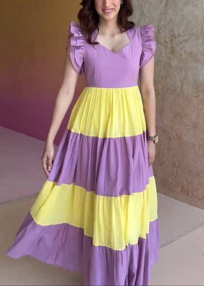 Color-blocked princess dress with ruffled sleeves