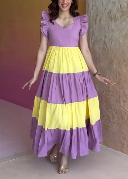 Color-blocked princess dress with ruffled sleeves