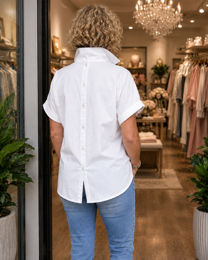 Women’s White Stand Collar Button-Back Relaxed Blouse