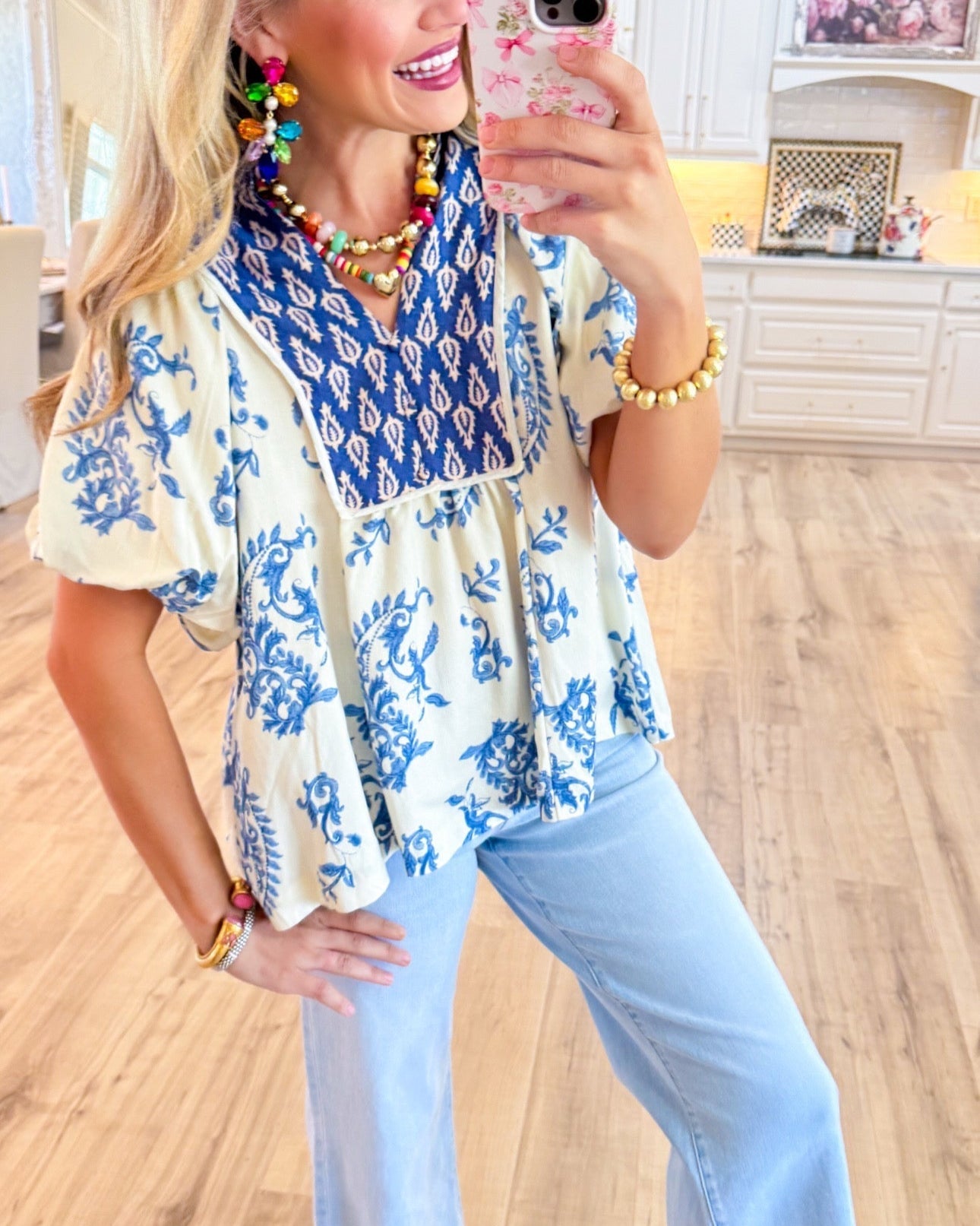 Blue Printed Boho Puff Sleeve Top