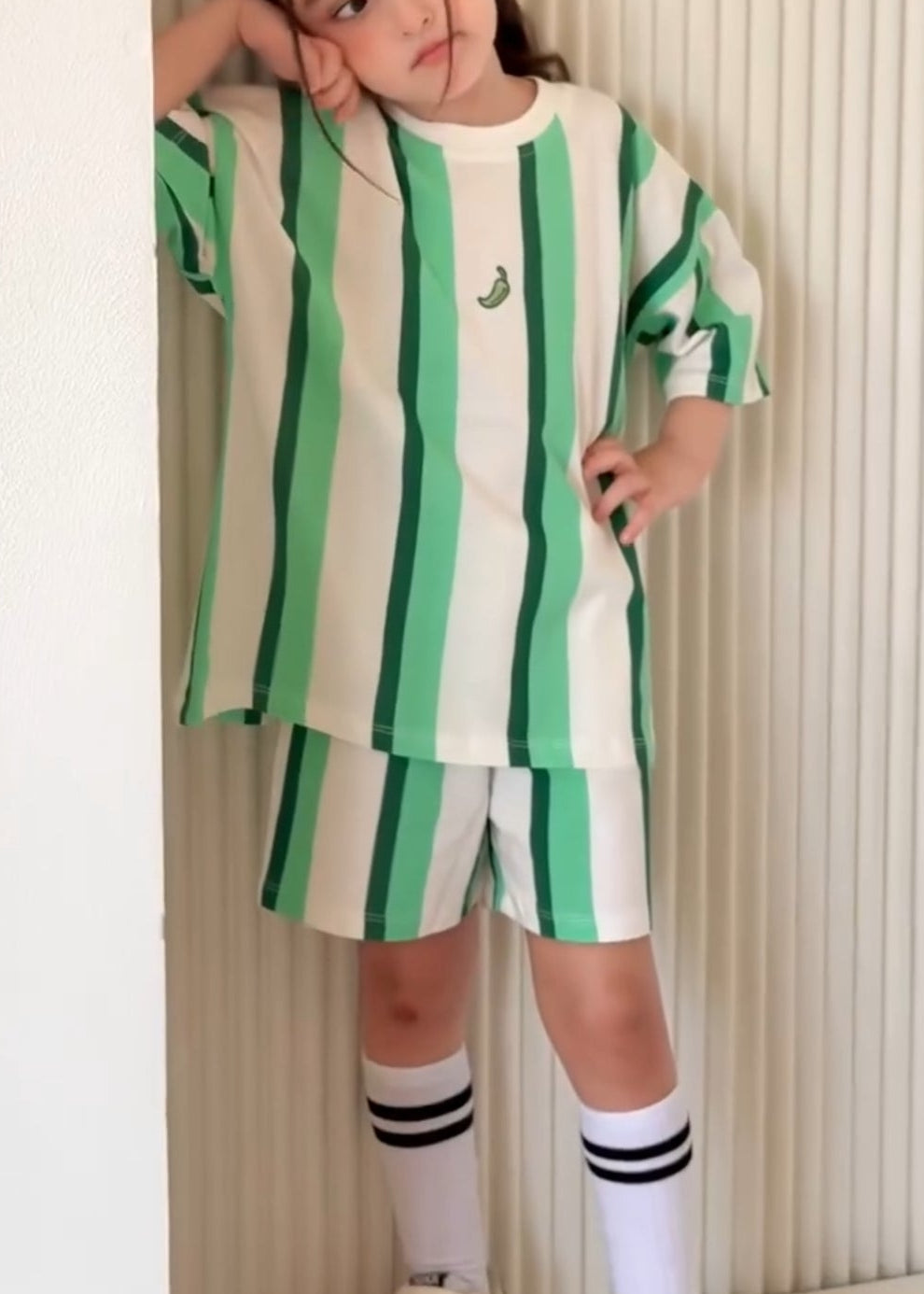 Fresh Green Striped Two-Piece Set for Kids