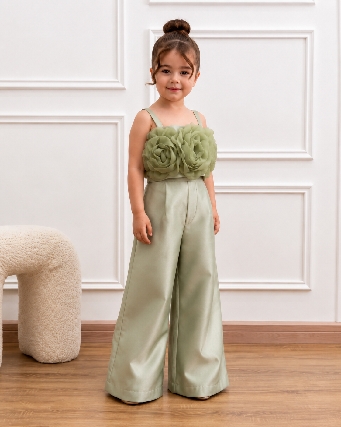 Girls' 3D Floral Wide-Leg Jumpsuit – Elegant Party & Wedding Outfit