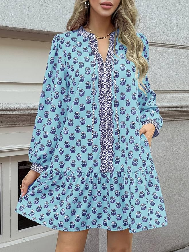 Azure Blossom Boho Tunic Dress