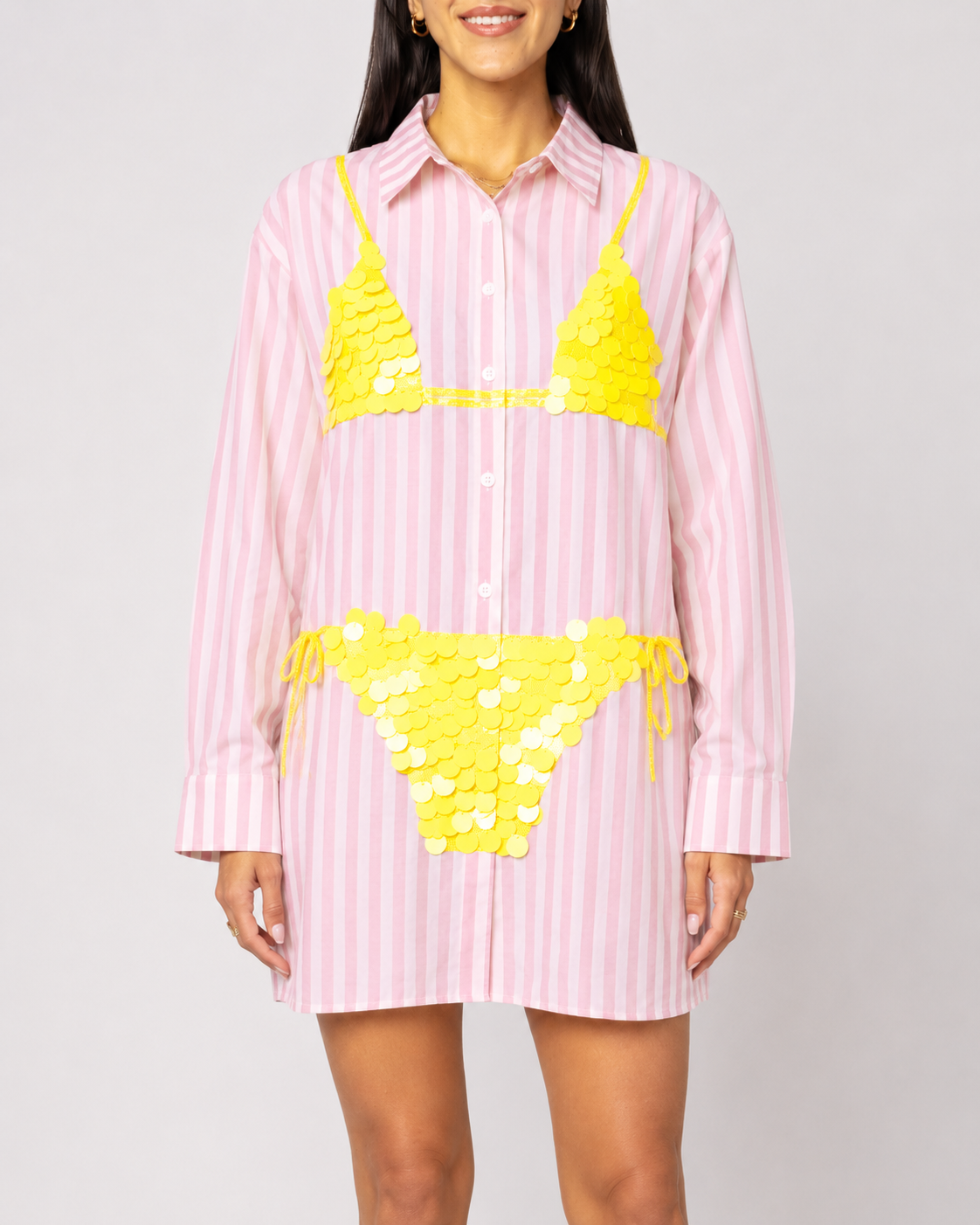 Sequin Bikini Stripe Shirt Dress
