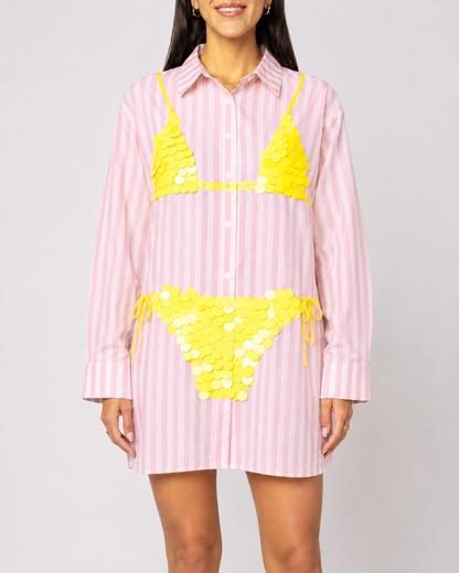 Sequin Bikini Stripe Shirt Dress