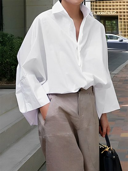 Long-sleeved loose solid color lapel shirt
