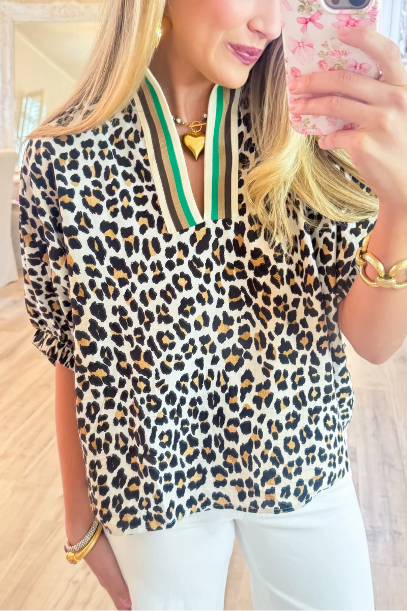 Camel Leopard Collard Blouse