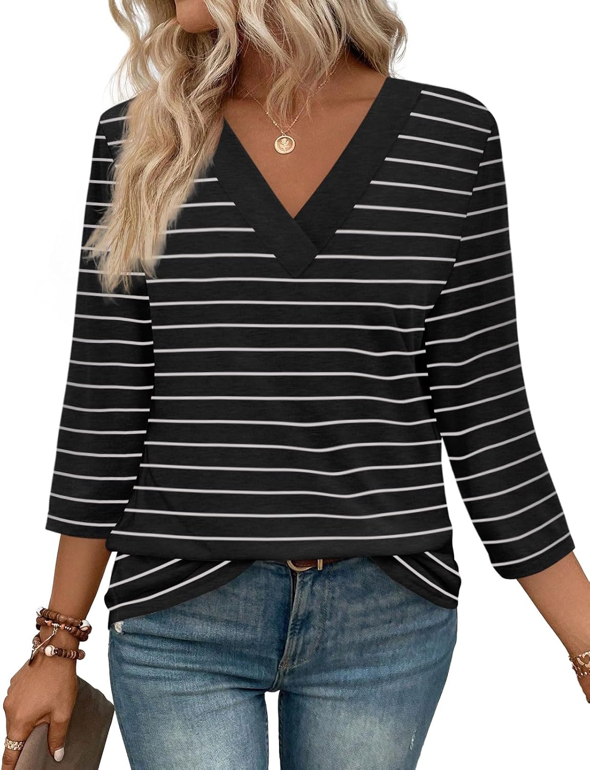 NEW🔥 Women's V Neck 3/4 Long Sleeve  Loose Fit  Tops
