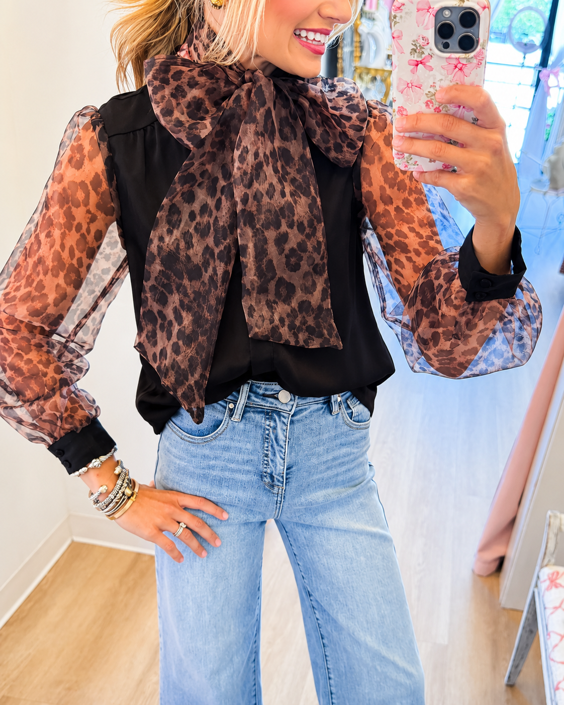 Luxury Leopard Bow Blouse – Elegant Sheer Sleeve Top For Women
