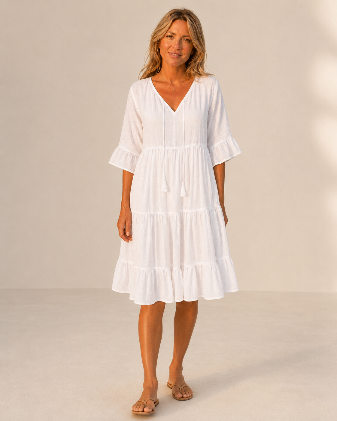 Breezy White V-Neck Tiered Dress