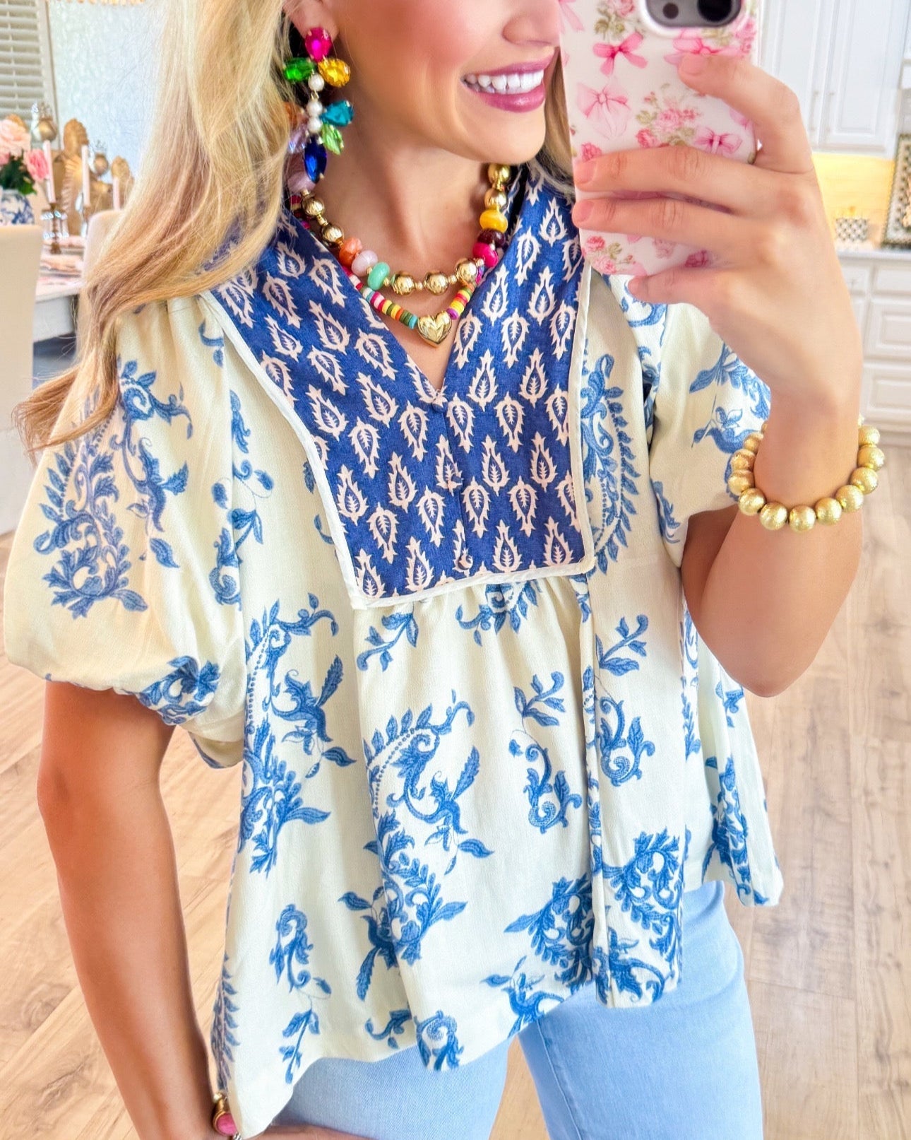 Blue Printed Boho Puff Sleeve Top