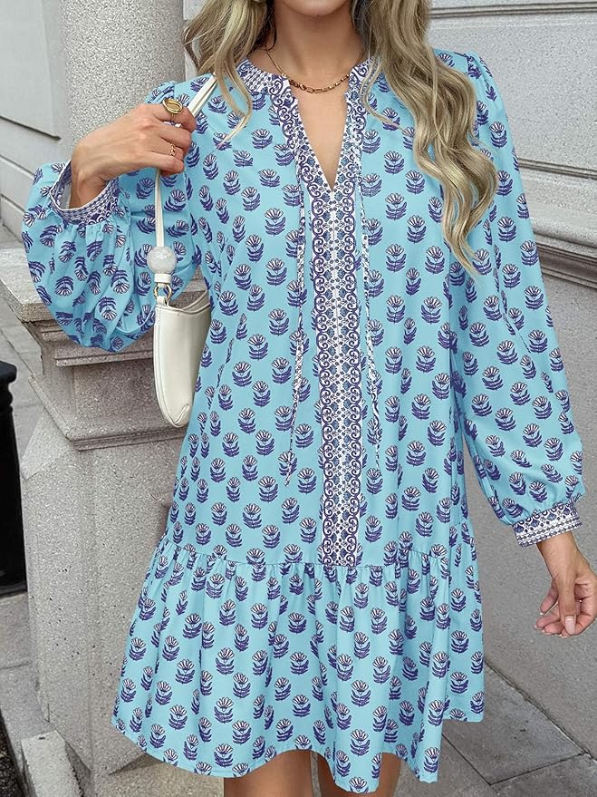 Azure Blossom Boho Tunic Dress