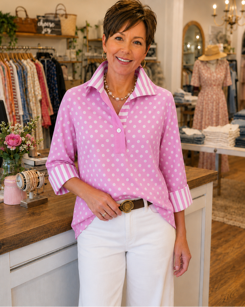 Classic Polka Dot Boutique Blouse with Contrast Trim