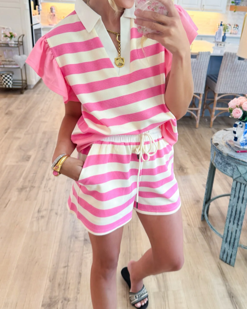 V-neck striped shorts set
