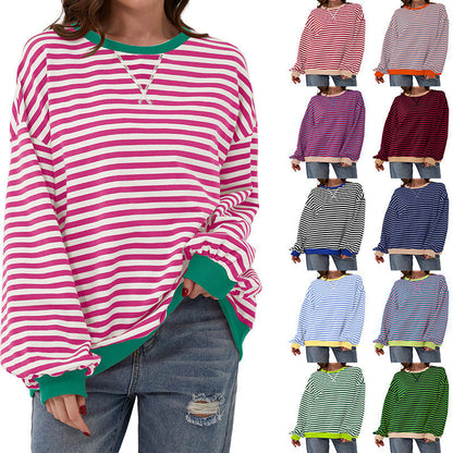 Striped round neck loose long-sleeved sweatshirt