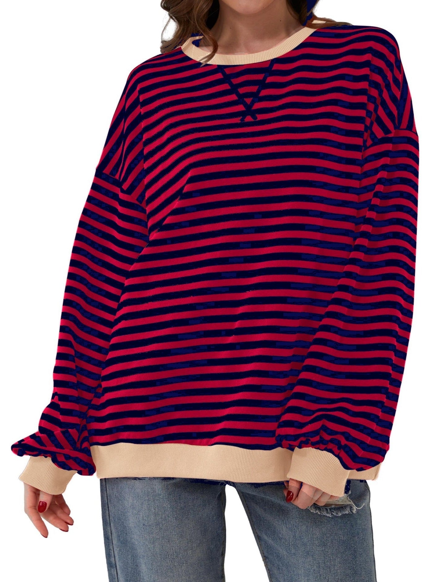 Striped round neck loose long-sleeved sweatshirt